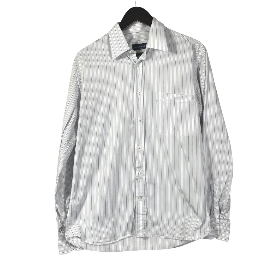 Canali Men's Dress Shirt 41/16 Striped Blue White Long Sleeve Made in Italy